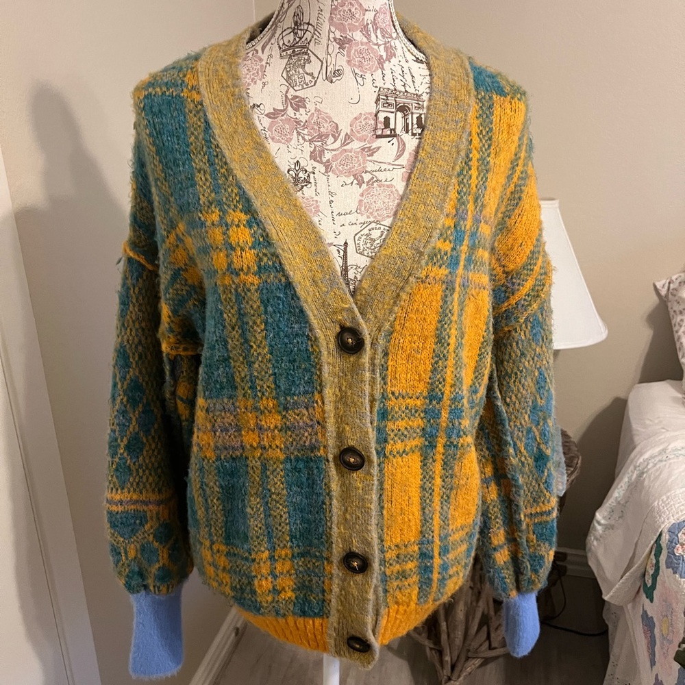 Free People Plaid oversized Sepia Cardigan Sweater - Mustard and Teal